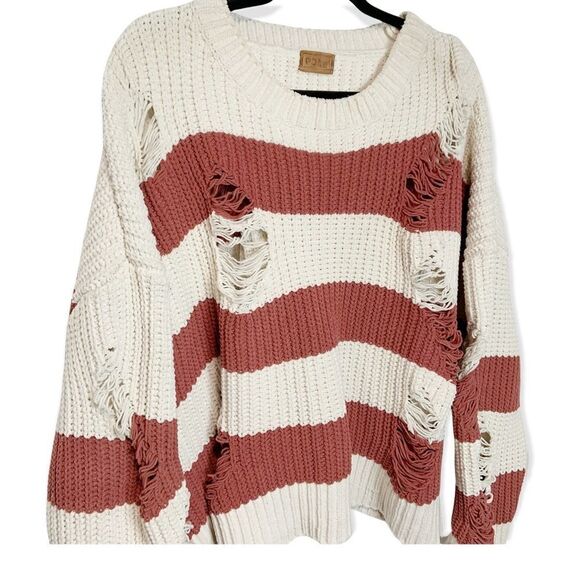 POL Distressed Chenille Striped Crew Neck Sweater Size L W10 - Picture 3 of 7